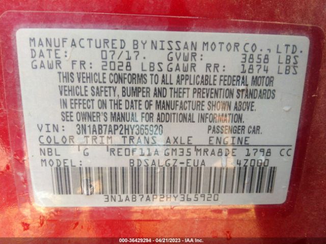 3N1AB7AP2HY365920 Nissan SENTRA SL