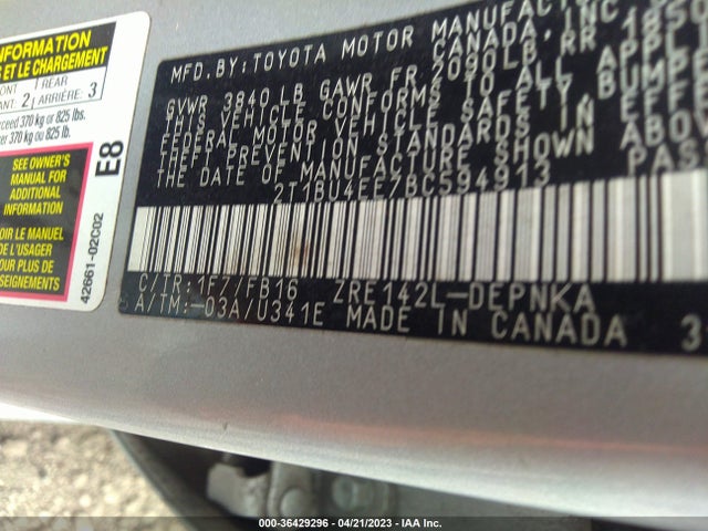 2011 TOYOTA COROLLA L/LE/S VIN: 2T1BU4EE7BC594913