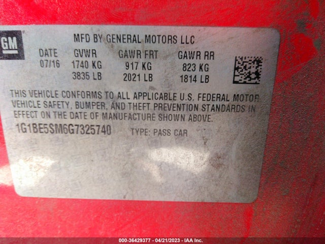 Chevrolet CRUZE LT 2016 1G1BE5SM6G7325740 Image 9