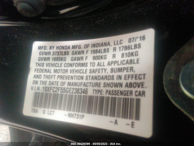 2016 HONDA CIVIC SEDAN LX VIN: 19XFC2F55GE238346