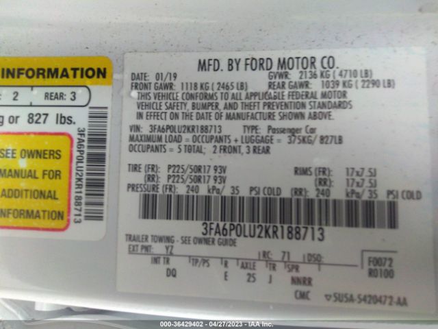 3FA6P0LU2KR188713 Ford Fusion Hybrid Se