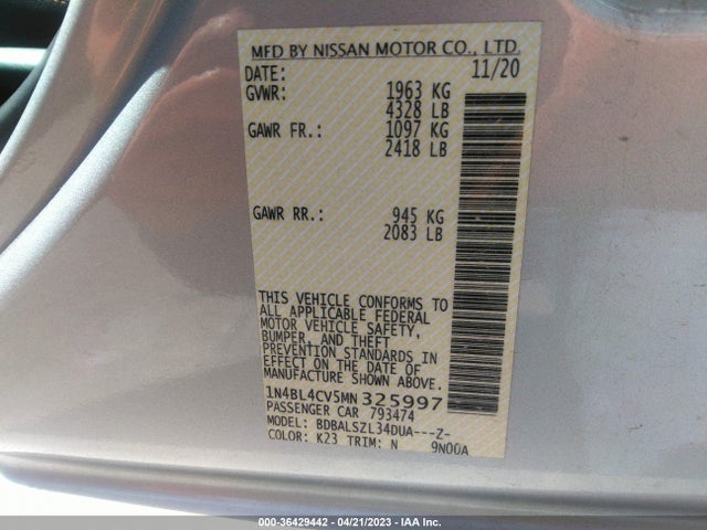 2021 NISSAN ALTIMA 2.5 SR VIN: 1N4BL4CV5MN325997