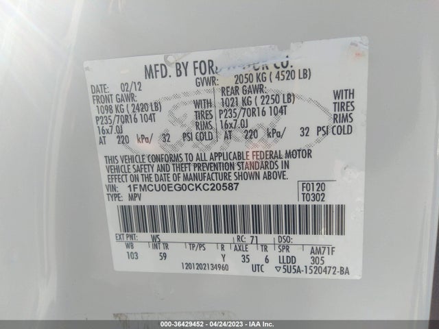 2012 FORD ESCAPE LIMITED VIN: 1FMCU0EG0CKC20587