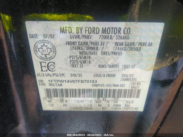 2007 FORD F-150 XLT/FX4/LARIAT/KING RANCH VIN: 1FTPW14V67FB70153
