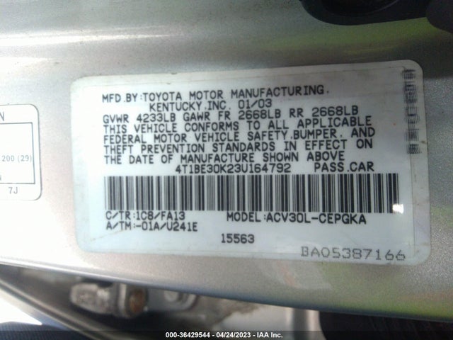 2003 TOYOTA CAMRY LE/SE/XLE VIN: 4T1BE30K23U164792
