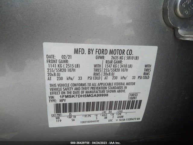 2021 FORD EXPLORER XLT VIN: 1FMSK7DH5MGA99998