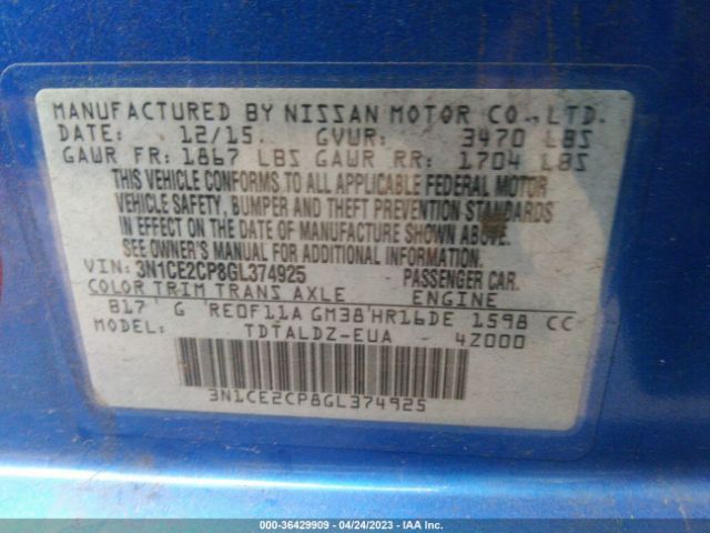 3N1CE2CP8GL374925 Nissan Versa Note Sv