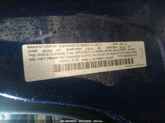 2011 VOLKSWAGEN JETTA SEDAN TDI VIN: 3VWLL7AJ4BM113340
