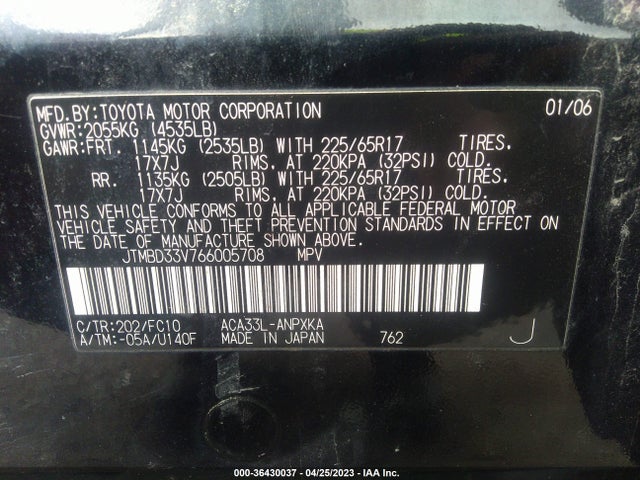 2006 TOYOTA RAV4 BASE VIN: JTMBD33V766005708