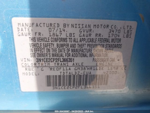 3N1CE2CP2FL366351 Nissan Versa Note S/s Plus/sv/sr/sl