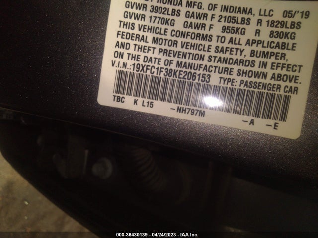 Honda Civic Sedan Ex 2019 19XFC1F38KE206153 Image 9
