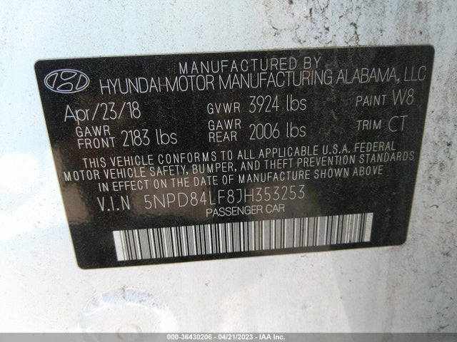 2018 HYUNDAI ELANTRA SEL VIN: 5NPD84LF8JH353253