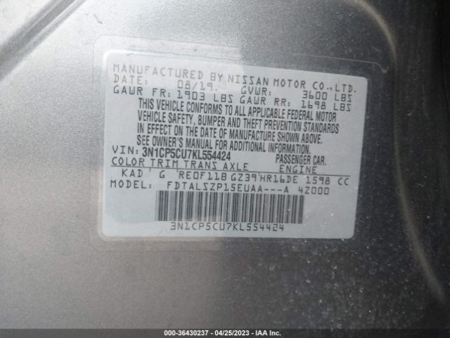 3N1CP5CU7KL554424 Nissan KICKS SV
