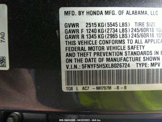 Honda Pilot Ex-l 2020 5FNYF5H5XLB026724 Image 9