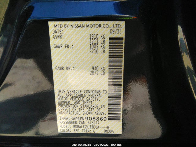 2015 NISSAN ALTIMA 2.5 S VIN: 1N4AL3AP1FN908869