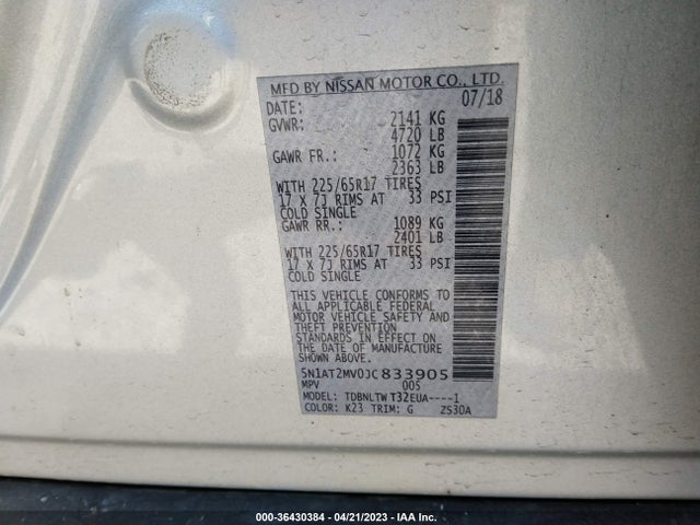 2018 NISSAN ROGUE SV VIN: 5N1AT2MV0JC833905