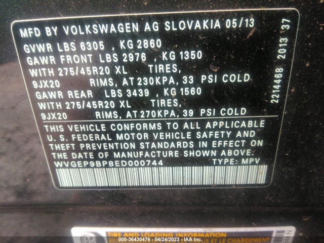 2014 Volkswagen Touareg, VIN: WVGEP9BP8ED000744