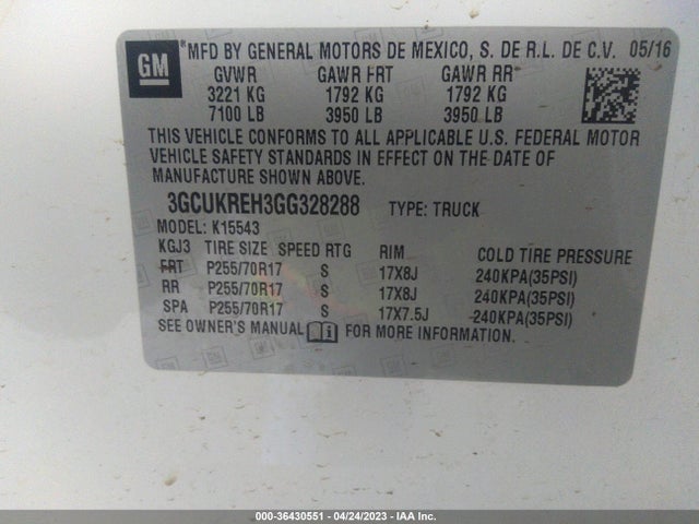 2016 CHEVROLET SILVERADO 1500 LT VIN: 3GCUKREH3GG328288