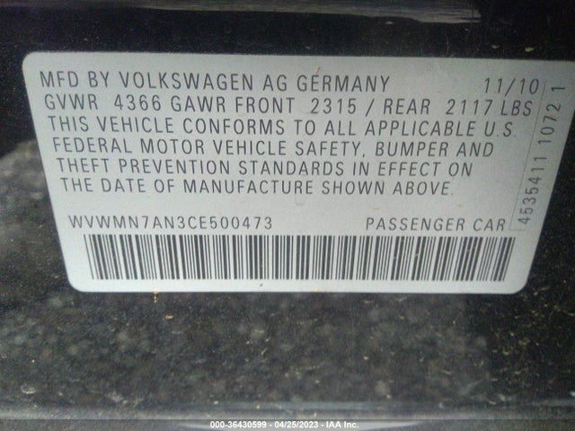 2012 VOLKSWAGEN CC R-LINE VIN: WVWMN7AN3CE500473