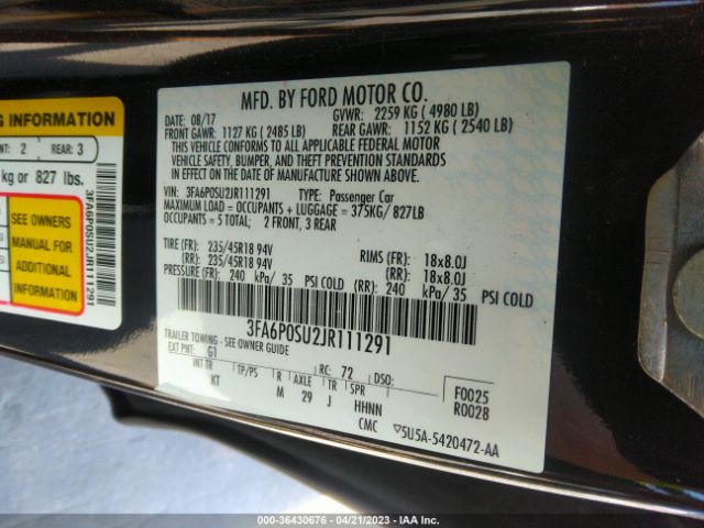 3FA6P0SU2JR111291 Ford Fusion Energi Titanium/platinum