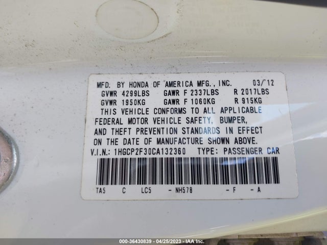 2012 HONDA ACCORD SDN LX VIN: 1HGCP2F30CA132360