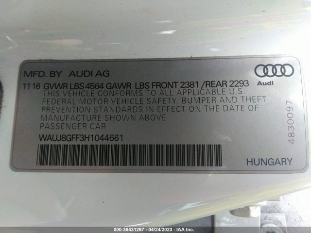 WAUJ8GFF3H1044661 Audi A3 Sedan Premium Plus