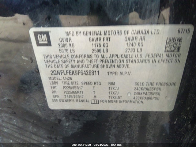 Chevrolet EQUINOX LT 2015 2GNFLFEK9F6426811 Image 9