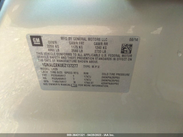 Chevrolet EQUINOX LT 2014 1GNALCEK0EZ137277 Image 9