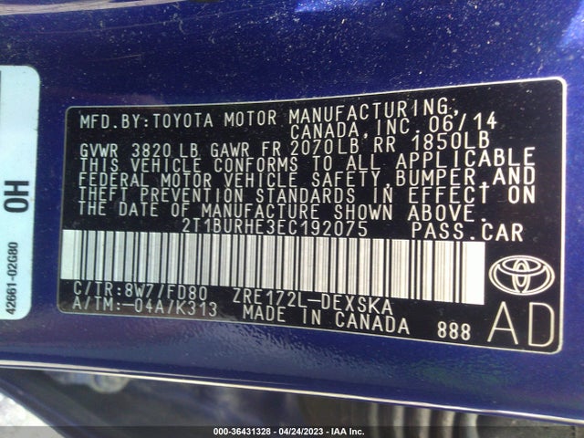 2014 TOYOTA COROLLA S VIN: 2T1BURHE3EC192075