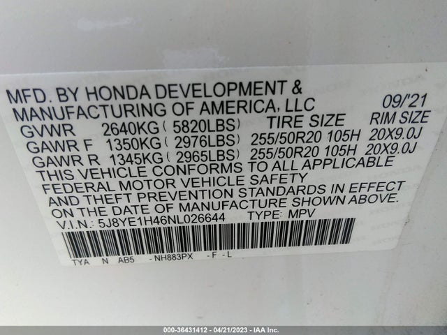 5J8YE1H46NL026644 Acura Mdx W/technology Package