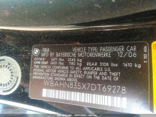 2007 BMW 7 SERIES 750LI VIN: WBAHN835X7DT69278