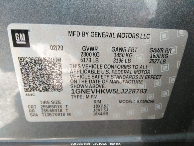 Chevrolet Traverse Lt Leather 2020 1GNEVHKW5LJ228783 Image 9