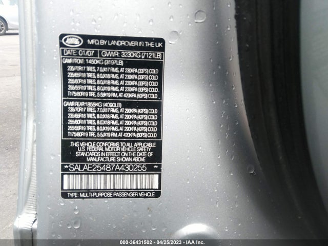 2007 LAND ROVER LR3 SE VIN: SALAE25487A430255