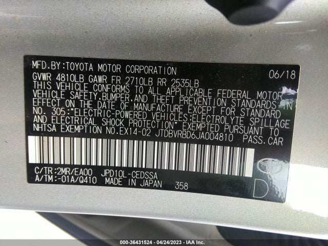 2018 Toyota Mirai, VIN: JTDBVRBD6JA004810