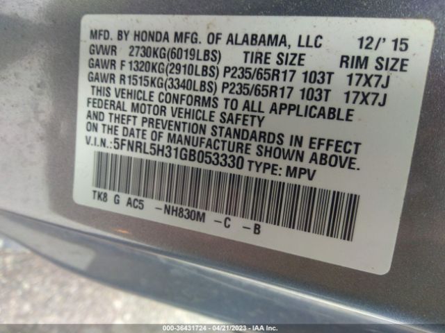 5FNRL5H31GB053330 Honda ODYSSEY SE