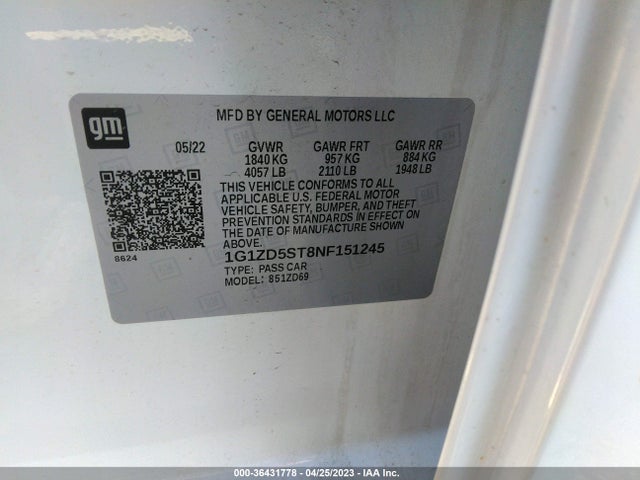 2022 CHEVROLET MALIBU LT VIN: 1G1ZD5ST8NF151245