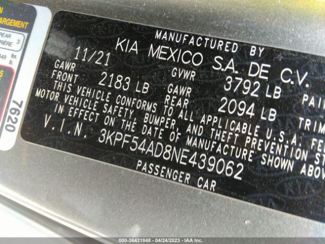3KPF54AD8NE439062 KIA Forte Gt-line