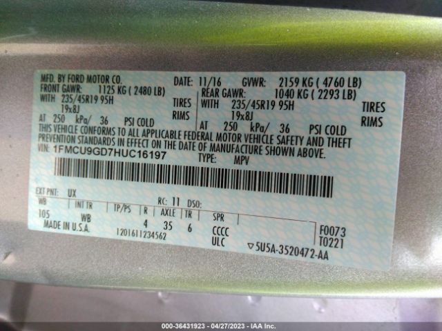 1FMCU9GD7HUC16197 Ford ESCAPE SE