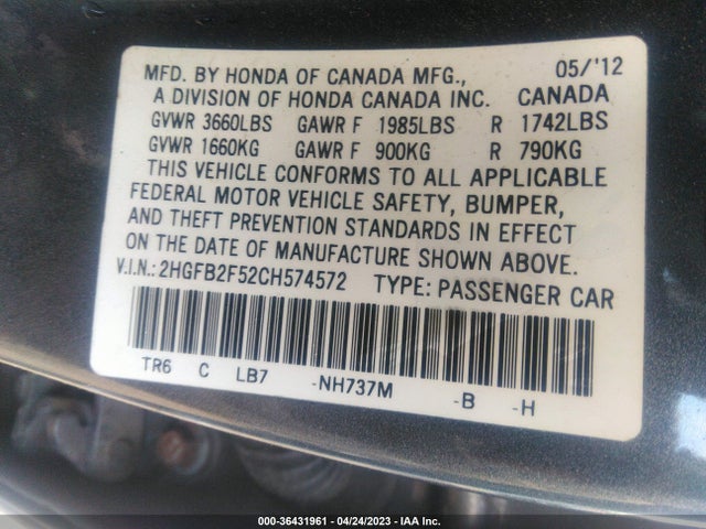 2012 HONDA CIVIC SDN LX VIN: 2HGFB2F52CH574572