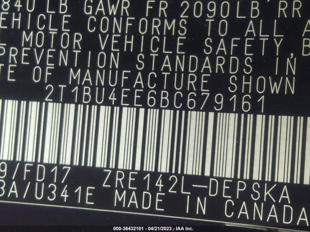 2011 TOYOTA COROLLA L/LE/S VIN: 2T1BU4EE6BC679161