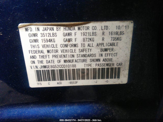 2012 HONDA FIT SPORT VIN: JHMGE8G52CC010188