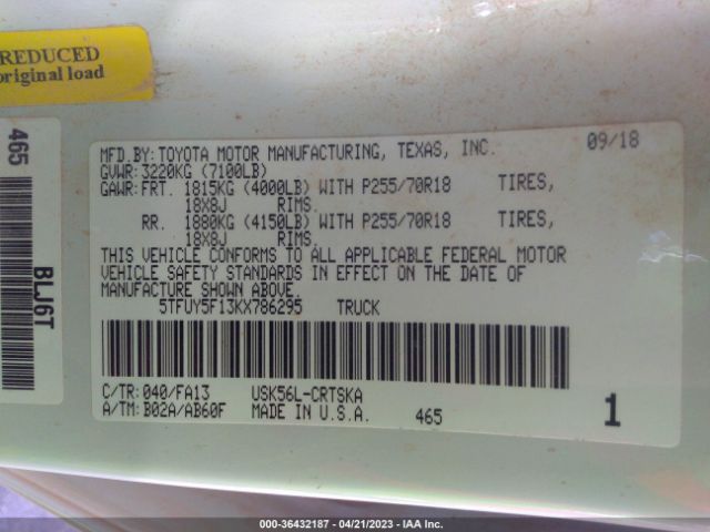 5TFUY5F13KX786295 Toyota Tundra 4wd Sr/sr5/limited