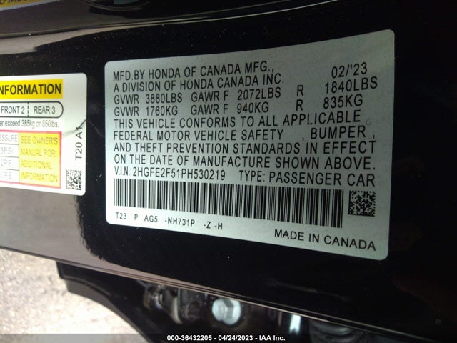 Honda Civic Sport 2023 2HGFE2F51PH530219 Image 9