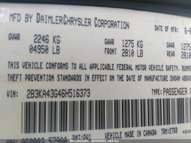 2006 DODGE CHARGER VIN: 2B3KA43G46H516373
