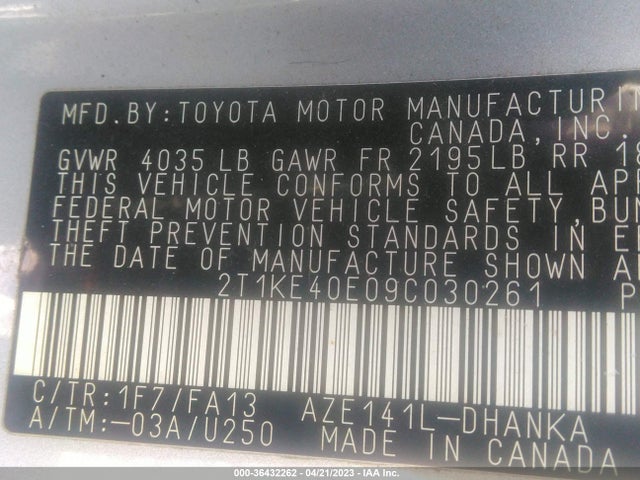 2009 TOYOTA MATRIX S VIN: 2T1KE40E09C030261