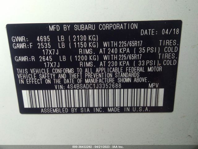 4S4BSADC1J3352688 Subaru Outback Premium