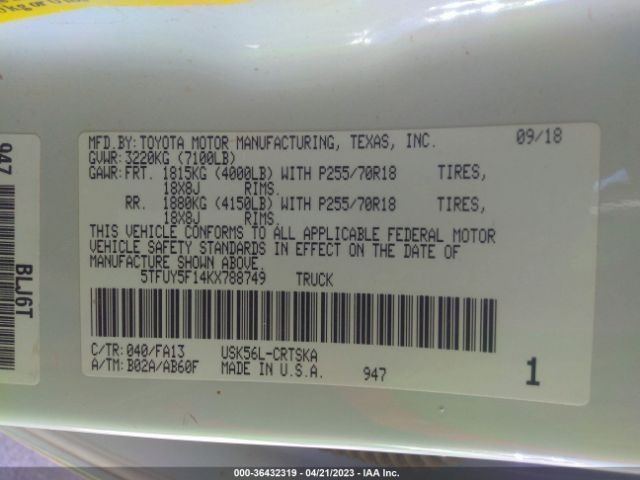 5TFUY5F14KX788749 Toyota Tundra 4wd Sr/sr5/limited
