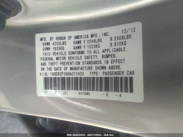 2013 HONDA ACCORD SDN LX VIN: 1HGCR2F36DA073424
