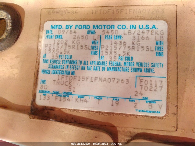 1985 FORD F150 VIN: 1FTDF15F1FNA07263