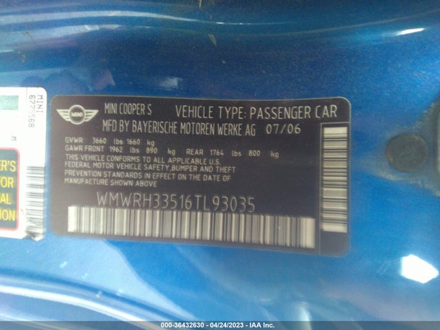 2006 MINI COOPER CONVERTIBLE S VIN: WMWRH33516TL93035